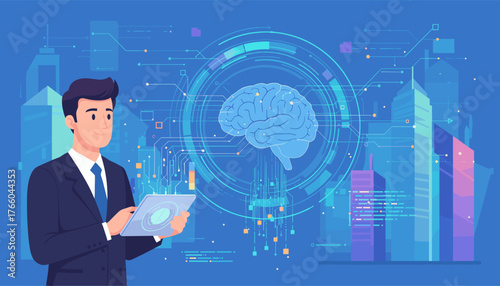Futuristic businessman in a suit holding a tablet displaying a digital brain and network connections, symbolizing artificial intelligence and machine learning, with abstract city skyscrapers in the