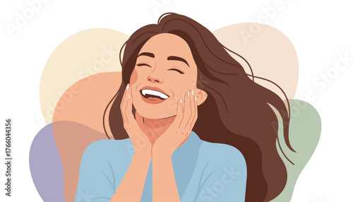 Joyful young woman with long brown hair laughing with eyes closed, touching her cheeks with her hands, conveying happiness, self-care, and a radiant smile against a soft, abstract pastel background