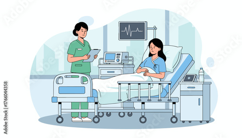 Caring nurse in green uniform checks on a worried Asian woman lying in a hospital bed, with medical equipment including a heart monitor and vital signs monitor nearby, illustrating healthcare and