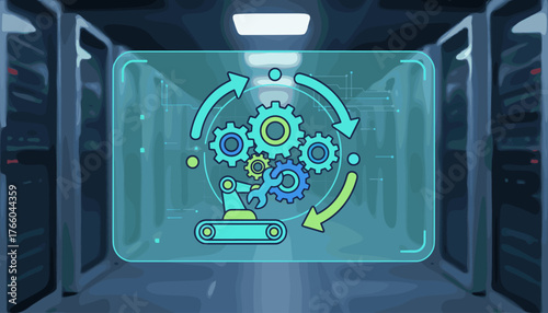 Abstract digital illustration of automation management icon with gears, robotic arm, and circular arrows, displayed on a virtual screen interface within a modern server room, representing technology
