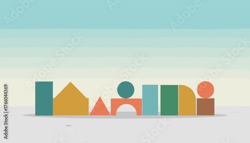 A whimsical and modern flat vector illustration showcases a row of colorful building blocks, including squares, triangles, circles, and arches, arranged against a soft gradient sky, evoking a sense