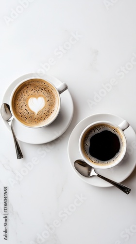 Coffee Cups With Heart Design and Dark Brew on a White Table at a Cozy Cafe