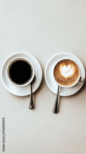 Coffee Cups With Heart Design and Dark Brew on a White Table at a Cozy Cafe
