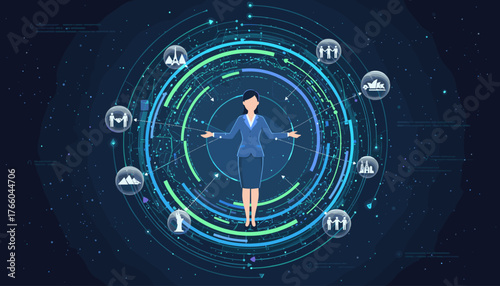 Businesswoman at the center of a vibrant, interconnected global network, surrounded by iconic landmarks and symbols of collaboration, representing international business, travel, and technology in a