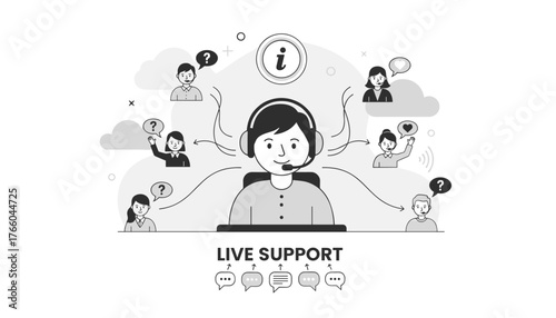 Customer service live support concept, business communication, online assistance, and customer care with a central operator connecting to various clients via headset and speech bubbles, representing