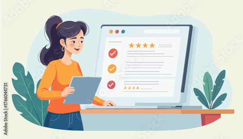 A young woman with a ponytail, wearing an orange shirt and blue jeans, is looking at a computer screen displaying a customer review satisfaction feedback survey with stars and checkmarks, holding a
