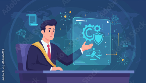 Modern businessman presenting copyright, patent, and intellectual property concept with digital interface showing gears, shield, scales of justice, and brain icons, symbolizing innovation and legal