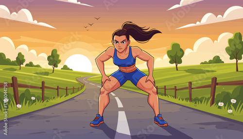 Determined female athlete with muscular physique in athletic wear crouches on a paved road at sunrise, ready for an intense run through a scenic countryside landscape with rolling hills, trees, and a