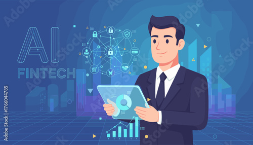 Modern businessman in a suit holding a futuristic tablet displaying financial charts and data, with an AI and Fintech network graphic in the background, symbolizing digital banking and technological