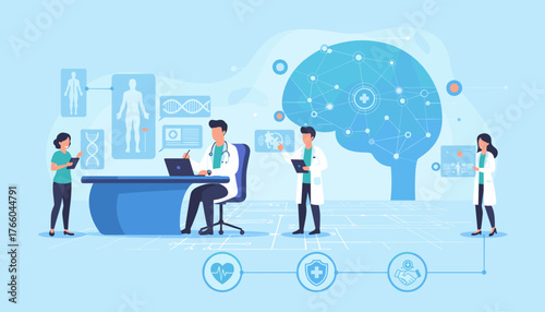 Digital healthcare concept with doctors and medical team collaborating around futuristic technology, analyzing patient data, DNA, and brain scans, symbolizing innovation and advanced medical research