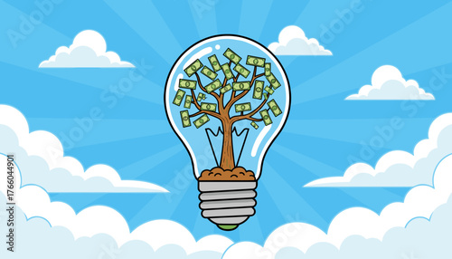Conceptual illustration of a light bulb containing a tree with dollar bills as leaves, symbolizing financial growth and innovative ideas, set against a bright blue sky with fluffy clouds and sun rays.