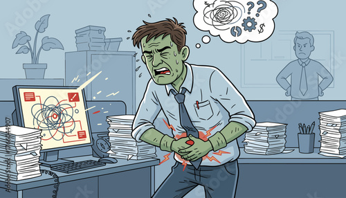 Overwhelmed businessman clutching his stomach in severe pain and distress, suffering from gastrointestinal issues or stress, with a chaotic mind map on his computer screen and a frustrated boss in