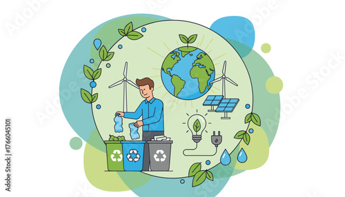 Vivid illustration of a person recycling plastic bottles into bins, surrounded by symbols of renewable energy like wind turbines, solar panels, and a lightbulb with a leaf, all set against a backdrop