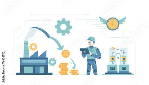 Modern factory automation concept with a friendly robot overseeing production, gears, coins, and a winged clock symbolizing reduced costs and production time, representing efficiency and