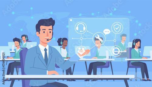 Diverse team of customer service representatives wearing headsets, working in a modern call center environment, with a holographic interface displaying support icons like wrench, shield, and headset