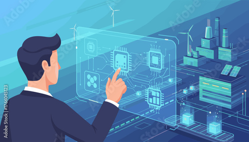 Futuristic technology concept: A businessman interacts with a holographic interface displaying microchips and industrial elements, symbolizing innovation and digital transformation in modern industry