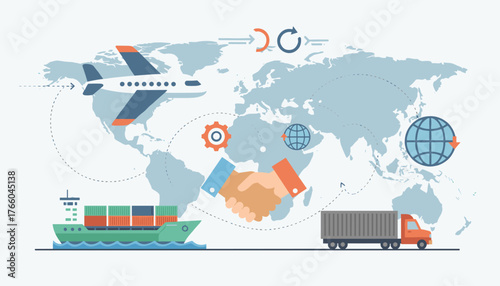 Global logistics and transportation partnership illustrated with an airplane, cargo ship, and truck on a world map background, symbolizing international trade, supply chain, and business cooperation