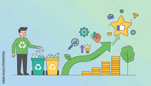 Vector creative illustration of business growth and recycling concept, showing a man sorting waste into recycling bins, a green arrow graph ascending towards a star with a thumbs up, symbolizing