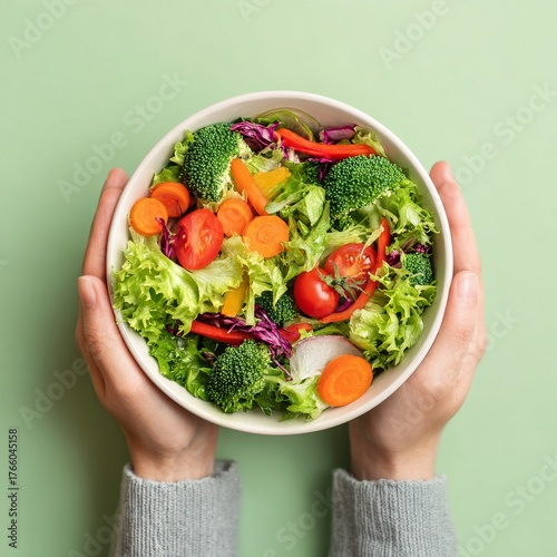 Fresh Salad Mix Held in Hands Against a Green Background in a Bright Kitchen ...