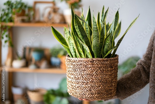 Healthy Snake Plant in Woven Basket Held Indoors With Beautiful Background Decor