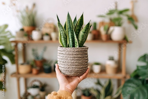 Healthy Snake Plant in Woven Basket Held Indoors With Beautiful Background Decor
