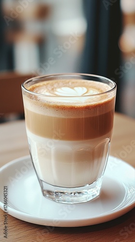 Coffee With Creamy Froth Served in a Glass at a Cozy Cafe in the Morning Light