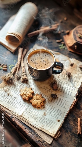 Cozy Autumn Setup With Coffee, Cookie, and Seasonal Spices on a Rustic Wooden...