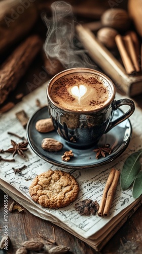 Warm Cup of Coffee With Cookie and Spices on Rustic Wooden Table in Cozy Setting