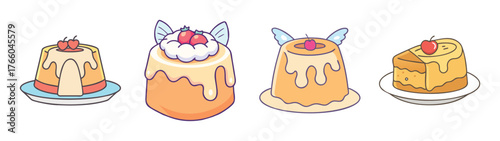 Delicious dessert cakes with creamy frosting and fruit toppings vector illustration design art