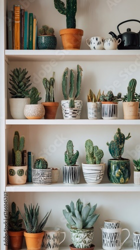 Display of Various Potted Plants and Succulents Arranged on a Wooden Shelf