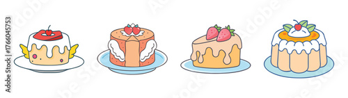 Delicious cartoon cakes with fruit toppings strawberry cherry and orange dessert pastry art drawing