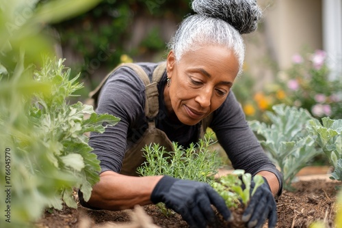 Gardening Woman Tending to Young Plants in Her Backyard During a Sunny Day