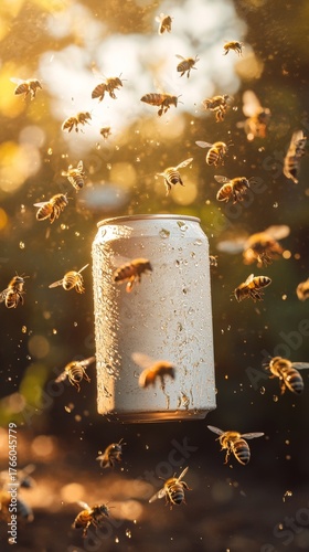 Bees Swarm Around a Floating Can in a Sunny Outdoor Setting During Late After...