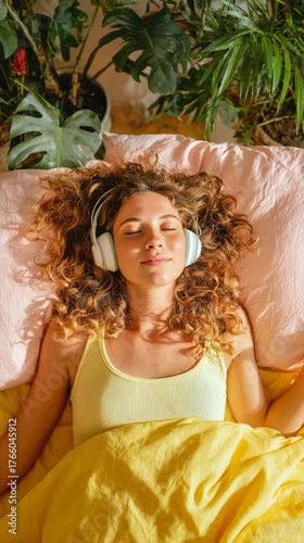 Listening to Music While Relaxing in a Cozy, Sunny Room With Soft Bedding and...