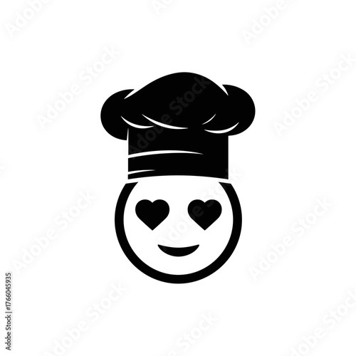 Chef emoji in love icon in black silhouette for food passion concept