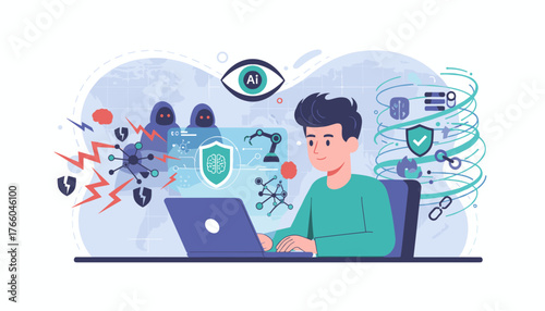 AI cybersecurity risks concept: A young man works on a laptop, facing digital threats like hackers and viruses, while AI and advanced technology offer protection and security solutions, illustrating
