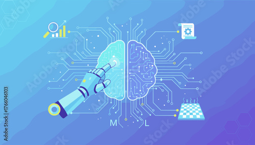 Futuristic AI concept: A robotic hand touches a glowing, circuit-patterned brain, symbolizing artificial intelligence and machine learning, with icons representing data analysis, strategy, and