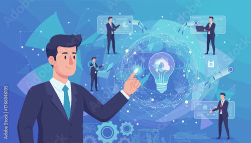 Futuristic businessman interacting with a glowing digital network and a lightbulb symbolizing innovation, surrounded by robotic arms and data streams, representing artificial intelligence and machine