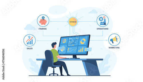 Business analyst working at a computer, visualizing data and insights from a central database, with icons representing sales, finance, operations, and marketing, illustrating a comprehensive business