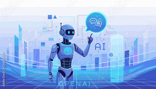 Futuristic AI robot interacting with a chatbot interface, symbolizing artificial intelligence, machine learning, and advanced technology in a digital cityscape with glowing data streams and geometric