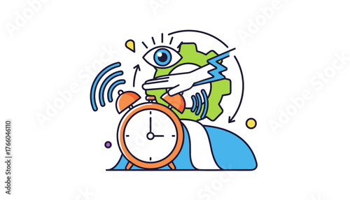 Vibrant and dynamic illustration of an alarm clock ringing, symbolizing time management, deadlines, and the urgency of tasks, set against a clean white background with abstract graphic elements