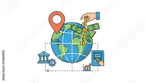 Global financial services concept: A stylized globe with currency symbols, banknotes, and coins, connected to a bank building, ATM, and growth chart, symbolizing international finance, banking, and