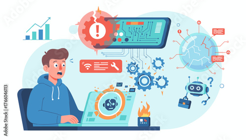 Surprised programmer witnessing a critical system failure with a cracked gear, error alerts, and a malfunctioning robot, symbolizing technological breakdown and urgent notification issues, digital