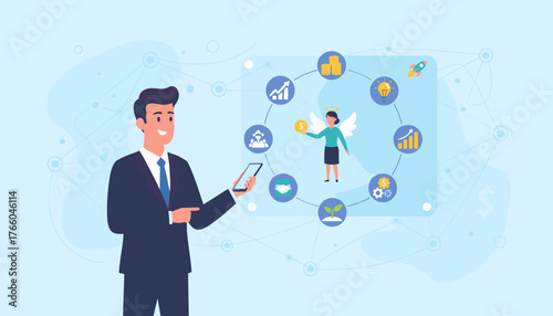 Modern business concept illustration featuring a smiling businessman in a suit holding a smartphone, interacting with a digital network displaying an angel investor with wings holding a coin