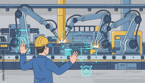 Augmented reality enhances industrial automation control as a worker in a hard hat and VR headset interacts with robotic arms welding on a factory assembly line, displaying futuristic holographic