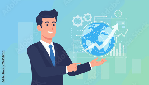 Dynamic business strategy concept with a smiling businessman presenting a global financial growth chart, featuring gears, clock, and data visualizations, symbolizing international success and forward
