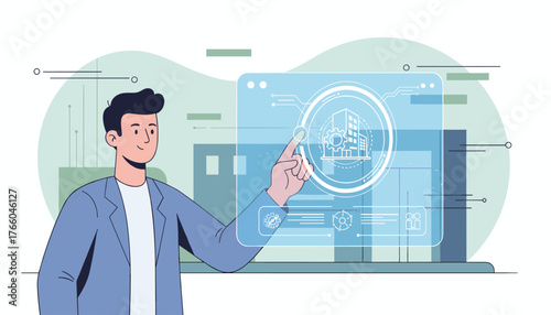 Modern man interacting with a futuristic holographic interface displaying building management system data, including architectural blueprints, gears, and analytics, representing smart city technology