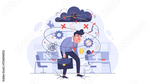 Overwhelmed businessman struggling with complex problems and chaos in the office, symbolizing stress, confusion, and mental overload in a business environment, with gears and question marks