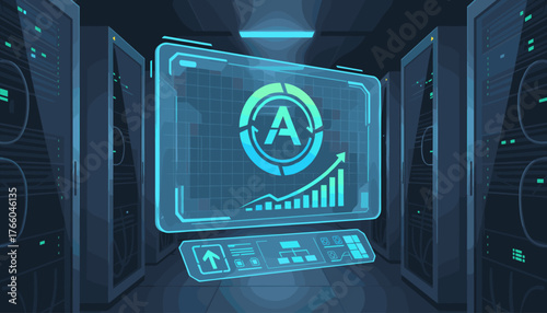 Futuristic holographic interface displaying automation management icon with upward trending bar graph and organizational chart, set against a backdrop of server racks in a data center, representing