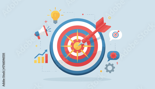 Vivid illustration of business marketing concepts, featuring a red dart hitting the bullseye of a target, symbolizing success and achievement, surrounded by icons like a lightbulb for ideas, a